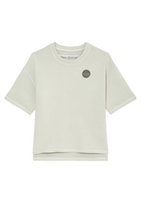 T-shirt grigio chiaro a maniche corte con scollatura rotonda, orlo grezzo e logo circolare sul davanti. Realizzato in un tessuto morbido e testurizzato.