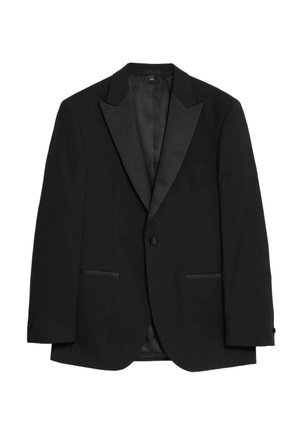 Giacca da smoking nera in tessuto liscio, con rever a scialle, due tasche frontali con pattine e chiusura con un unico bottone.