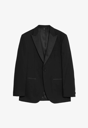 Giacca da smoking nera in tessuto liscio, con rever a scialle, due tasche frontali con pattine e chiusura con un unico bottone.