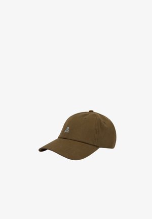 Cappellino da baseball marrone con piccolo logo ricamato di teschio e ossa incrociate sul davanti, design a sei pannelli con visiera curva.