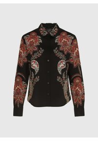 Chemise noire à boutons avec un motif floral brodé en rouge, gris et crème, dotée d'un col classique et de manches longues.