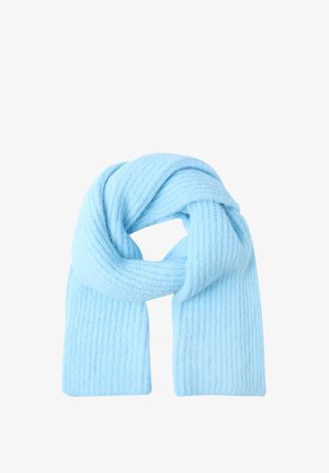 Light blue knitted scarf with ribbed texture, featuring a soft material and a long, rectangular shape suitable for wrapping around the neck.