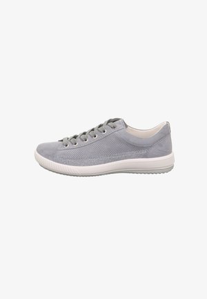 Gray casual sneaker with perforated side, lace-up design, cushioned collar, and white rubber sole.