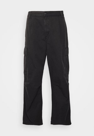 Black cargo pants with a straight-leg design, featuring two side pockets, a button closure, and a textured fabric.