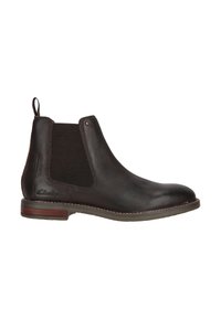 Bruna läder Chelsea-boots med elastiska sidopaneler och dragflik. Har en slät yta, lätt klack och kontrasterande sömdetaljer.