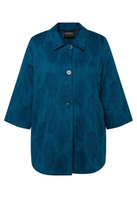 Teal jas met een textuur van een bloemenpatroon, voorzien van een kraag, drie knopen en driekwart mouwen. Zachte stof met een gladde afwerking.