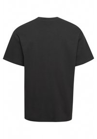 Camiseta de algodón negra con un corte relajado, mangas cortas y cuello redondo. La parte posterior presenta una superficie lisa y sin adornos.