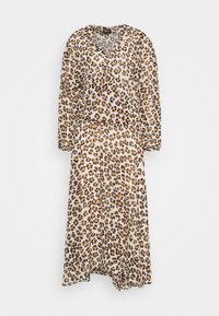 Robe à imprimé léopard en tissu léger, avec un décolleté en V, des manches longues et une jupe plissée, dans des tons beiges, marron et noirs.