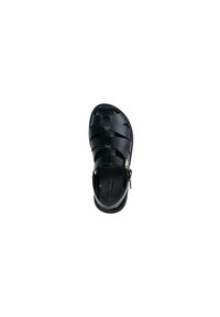 Sandale en plastique noir avec un design tissé, une sangle réglable et un semelle contournée ; texture lisse et bout rond.