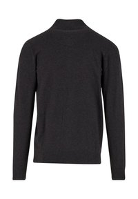 Dark gray long-sleeve sweater with a ribbed collar, cuffs, and hem shown from the back on a white background.