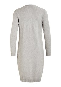 Grå stickad klänning med långa ärmar, ribbade muddar och fåll, som har en enkel, slät textur och en rundad halsringning.