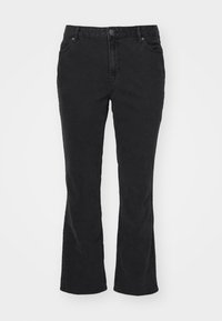 Black flared jeans with a mid-rise waist, button closure, and front pockets. Made of denim fabric with a soft texture and visible stitching.
