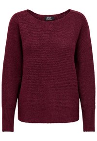 Burgundy pletený svetr s dlouhými rukávy, širokým výstřihem a strukturovanou tkaninou. Má volný střih a žebrované manžety a spodní lem.