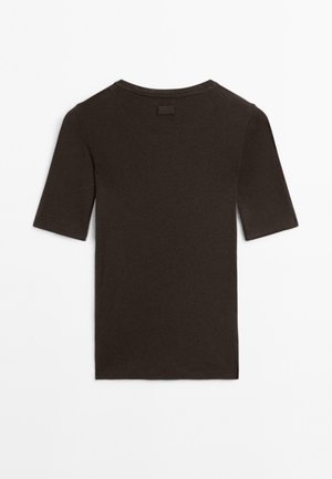 Dark brown short-sleeve shirt with crew neckline, shown from the back, laid flat on a white background.
