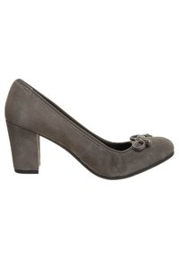 Décolleté in suede grigio con punta rotonda, decorato con un fiocco sulla parte anteriore e un robusto tacco a blocco per il supporto.
