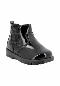 Stivaletto in pelle patent nera con pannello elastico laterale, caratterizzato da un delicato motivo a pois, suola in gomma e punta rotonda.