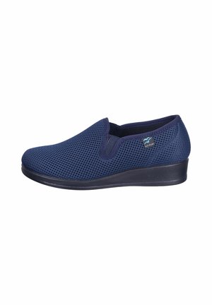 Navy blue breathable mesh slip-on shoe with black sole and small blue logo tag on the side.