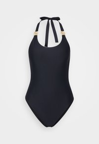 Maillot de bain noir une pièce avec un design à col halter, featuring une fermeture à nouer et des accents en or sur les bretelles. Texture de tissu lisse.