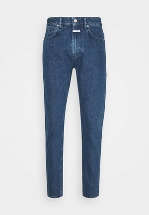 Dark blue high-waist straight-leg jeans with front button and zipper closure, front and back pockets, displayed on a plain background.