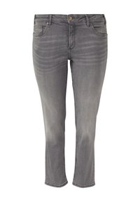 Jeans en denim gris avec une coupe classique, comprenant une fermeture éclair, un bouton, cinq poches et un léger effet délavé pour ajouter de la texture.