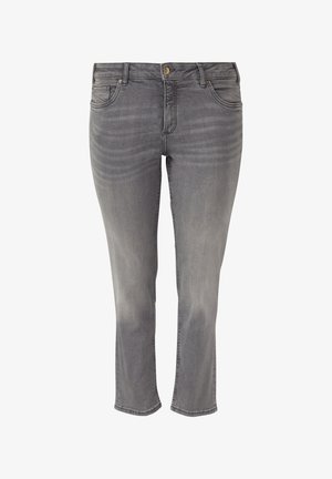 Graue Jeans aus Denim mit klassischem Schnitt, ausgestattet mit einem Reißverschluss, Knopfverschluss, fünf Taschen und dezenten Waschungen für Struktur.