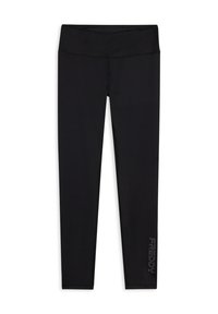 Legging noirs avec une taille haute, fabriqués en tissu extensible, featuring un détail de logo subtil sur la jambe gauche et un design lisse et épuré.