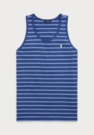 Zils tank tops ar horizontālām gaiši zilos svītrām, kokvilnas materiāls, apaļa kakla izgriezums un mazs balts logo kreisajā krūtī.