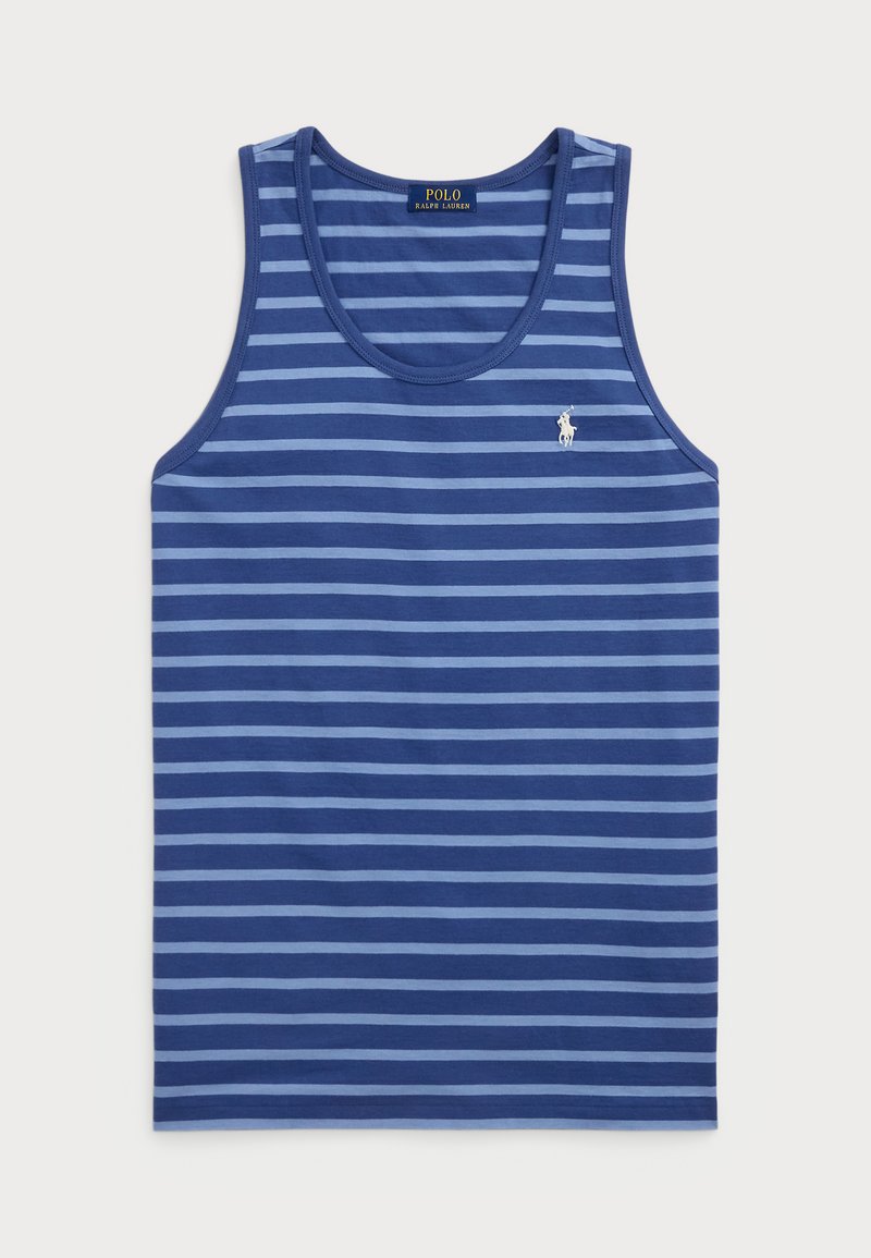 Blå tanktopp med horisontale lyseblå striper, laget av bomull, rund hals og lite hvitt logo på venstre bryst.