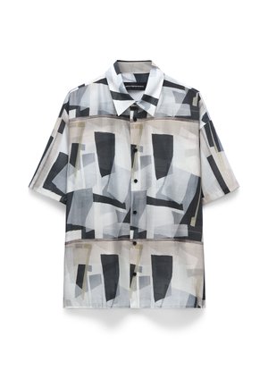 Kurzärmliges Hemd aus einem transparenten Stoff mit einem geometrischen abstrakten Muster in Schwarz-, Grau- und Cremetönen, mit Knopfleiste und Kragen.