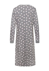 Long gray nightdress with long sleeves, featuring a repeated pattern of small pink hearts. Soft fabric with a round neckline and cuffed sleeves.