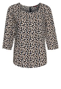 Blusa con motivo caratterizzata da un collo quadrato, maniche a tre quarti, realizzata in un tessuto leggero. Il design include i colori blu navy, crema e ruggine.