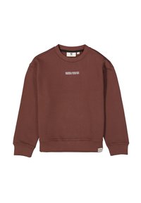 Sudadera de algodón marrón con cuello redondo, mangas largas, puños de canalé y dobladillo. Presenta texto en blanco: "EQUIPO DE ENTRENAMIENTO DE PAISAJES INSPIRADORES 1972."