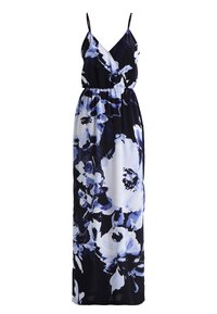 Robe maxi noire sans manches avec grand imprimé floral bleu et blanc, encolure en V et taille élastique.