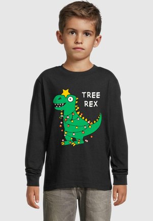 Fekete hosszúujjú póló, amelyen egy zöld rajzfilm dínó látható, színes fényekkel és egy sárga csillaggal díszítve, felirata: "TREE REX."