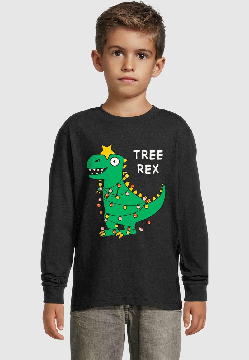 Melnas garās piedurknes krekls, kurā attēlots zaļš multfilmu dinozaurs, rotāts ar krāsainām gaismām un dzeltenu zvaigzni, ar uzrakstu "TREE REX".
