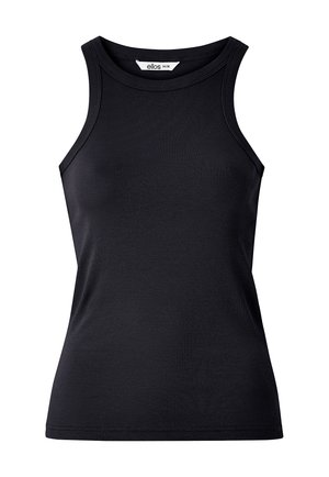 Top de tirantes negro acanalado con escote redondo y tirantes anchos. Presenta un diseño ajustado y una sutil textura en toda la tela.