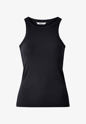 Top de tirantes negro acanalado con escote redondo y tirantes anchos. Presenta un diseño ajustado y una sutil textura en toda la tela.