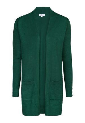 Lange open voorkant cardigan in diep groen. Gemaakt van gebreid materiaal met twee voorzakken en ribgebreide manchetten. Soepele textuur en ontspannen pasvorm.