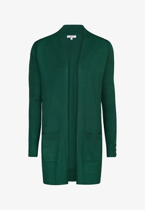 Lange open voorkant cardigan in diep groen. Gemaakt van gebreid materiaal met twee voorzakken en ribgebreide manchetten. Soepele textuur en ontspannen pasvorm.