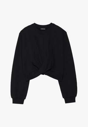 Sweatshirt scurt, negru, cu un detaliu împletit în față, textură ribbed și mâneci lungi cu manșete ajustate. Material moale și confortabil.