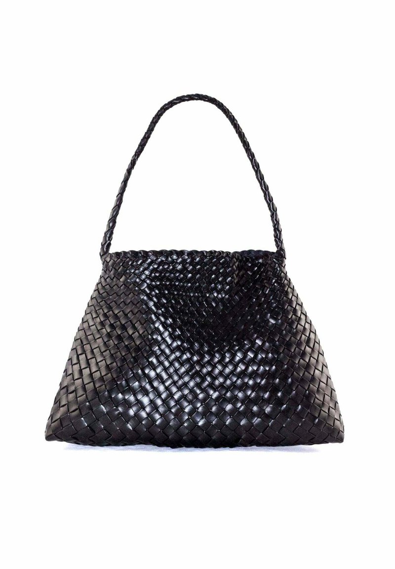 Borsa a tracolla in pelle intrecciata nera con una forma strutturata, manico intrecciato e una superficie liscia. Nota per il suo motivo intricato e la finitura lucida.
