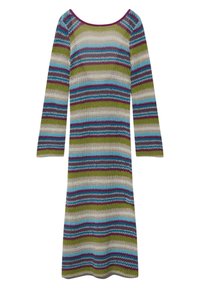 Robe en maille multicolore avec manches longues, encolure arrondie et rayures horizontales vertes, bleues, violettes et beige.