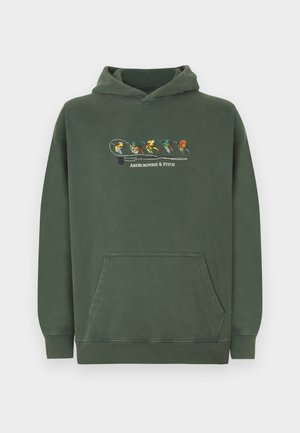 Zelena hoodie s kengurskom džepom, s kolorističkom grafikom ptice i tekstom "Abercrombie & Fitch" na prednjoj strani. Mekana tekstura tkanine.