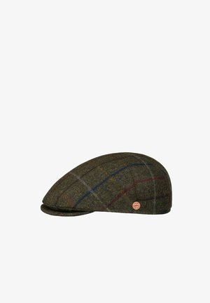 Flat green tweed cap with subtle red, blue, and yellow plaid lines and a small round Mayser logo on the side.