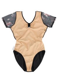 Beige Badeanzug mit schwarzen Akzenten, kurzen floralen Netzärmelchen, V-Ausschnitt, gerafftem Vorderteil und hochgeschnittenen Beinausschnitten. Glatte Textur.