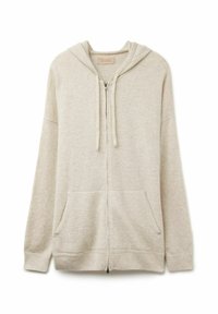 Beige zip-up hoodie i mjukt, texturerat tyg. Har en huva med dragsko, två framfickor och ribbade ärmslut och fåll.
