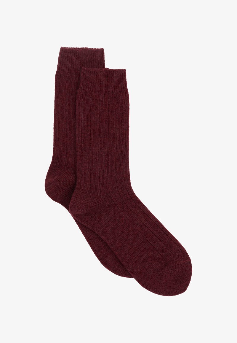 Bordowe skarpetki w prążki, wykonane z miękkiej wełny, z klasycznym mankietem, wzmocnionym piętą i gładką teksturą.