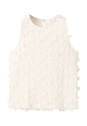 Ærmeløs top lavet af let, tekstureret stof med et 3D-design med små, ensartede sløjfer over hele overfladen i en blød cremefarve.