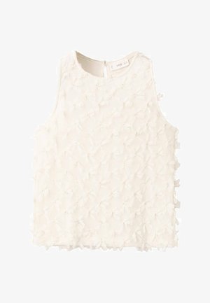Mouwloze top gemaakt van lichte, gestructureerde stof, met een 3D-design met kleine, gelijkmatige strikjes over het oppervlak in een zachte crèmekleur.