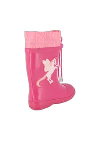 Botte de pluie en caoutchouc rose avec un haut à motif rose clair, présentant un graphique de licorne blanche sur le côté et une semelle texturée.